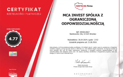 MCA INVEST Sp. z o.o. z Certyfikatem Rzetelnej Firmy